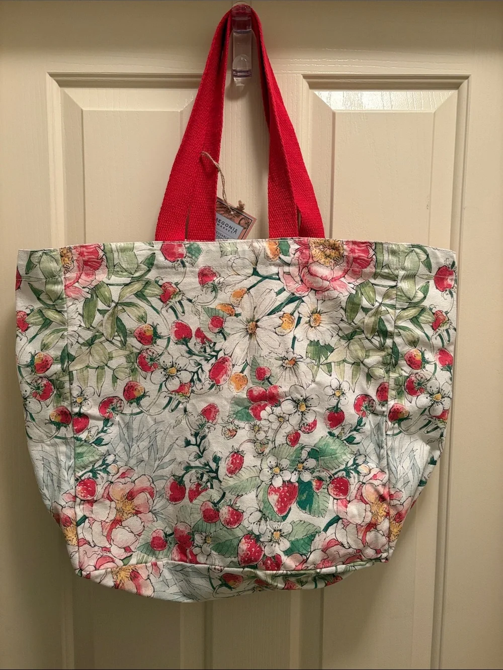 Floral Strawberry Print Tote Bag with Red Handles
